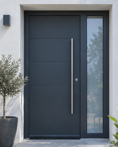 Porte d'entrée gris anthracite avec poignée barre et vitrage latéral