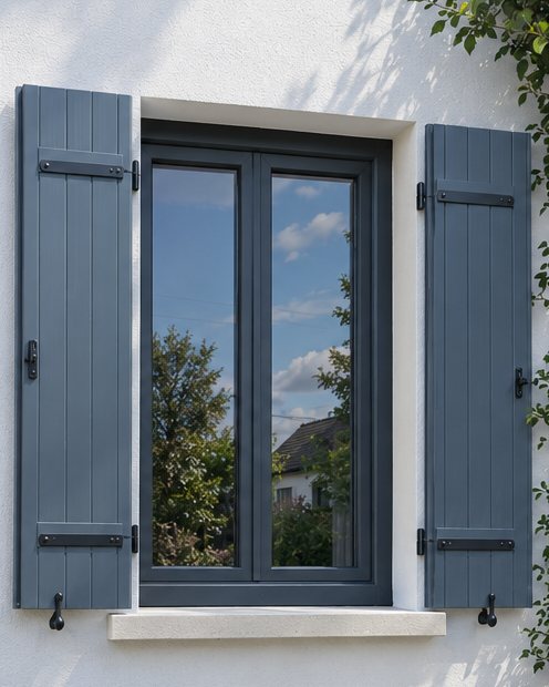 Volets battants gris-bleu ouverts de part et d'autre d'une fenêtre